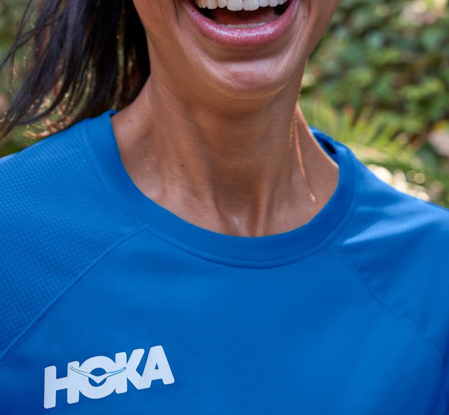 Top Hoka One One Mujer - Performance Largos Sleeve - Azules - AMH259604